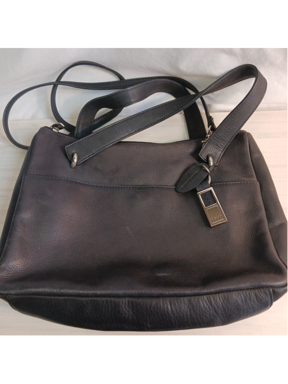 VTG Rolfs Black Genuine Leather Cross Body Shoulder Bag Purse Double Handle Tag